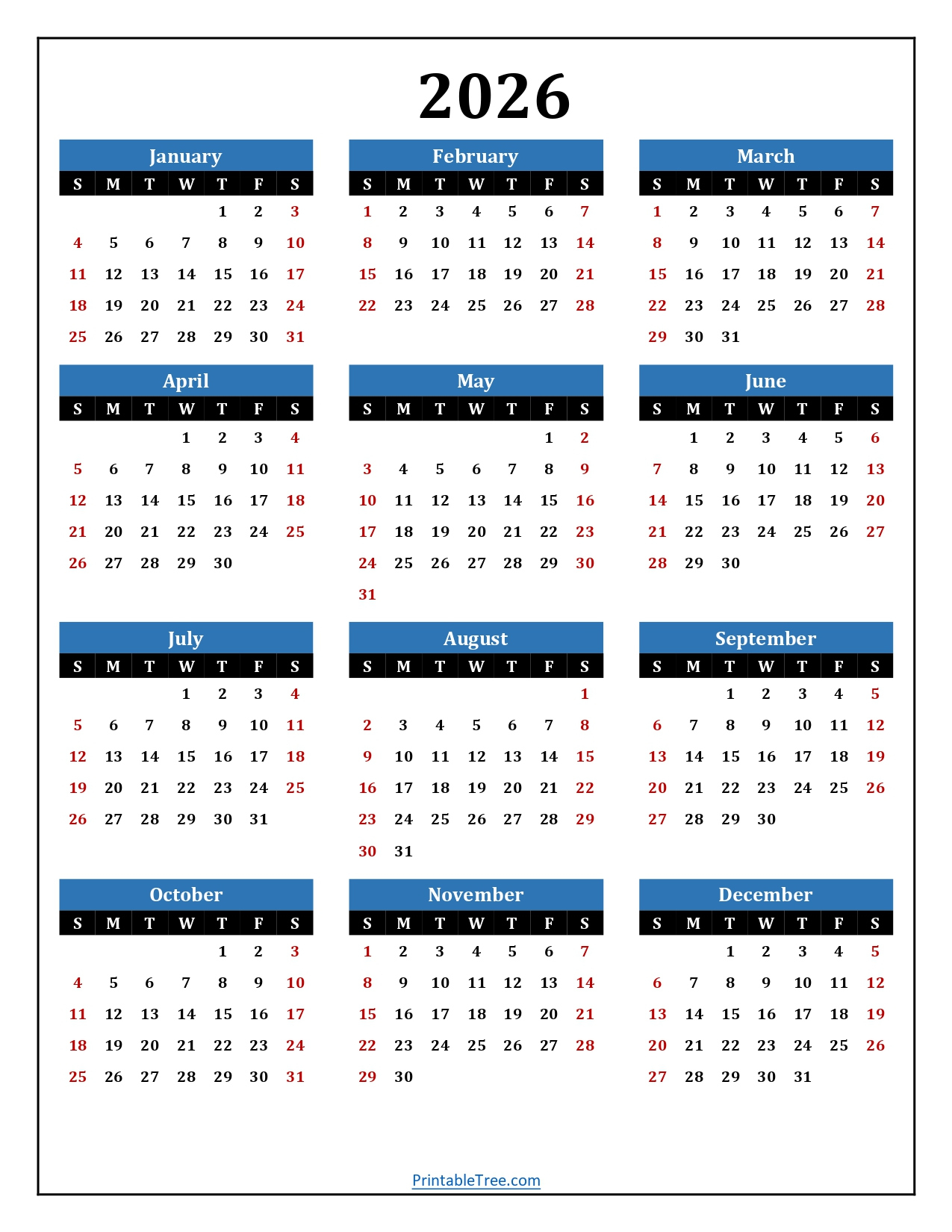 Printable Calendar 2026 One Page With Holidays (Single Page) 2026 intended for Printable Julian Date Calendar 2026