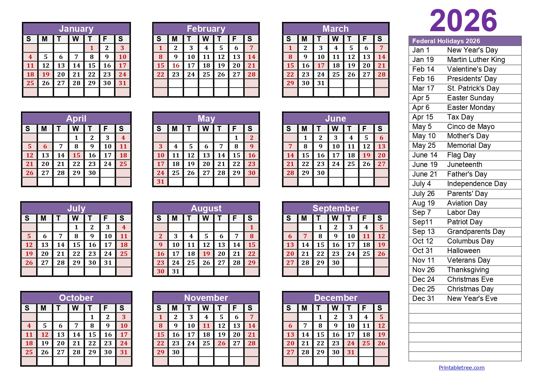 Printable Calendar 2026 One Page With Holidays (Single Page) 2026 with regard to 2026 Yearly Calendar With Holidays