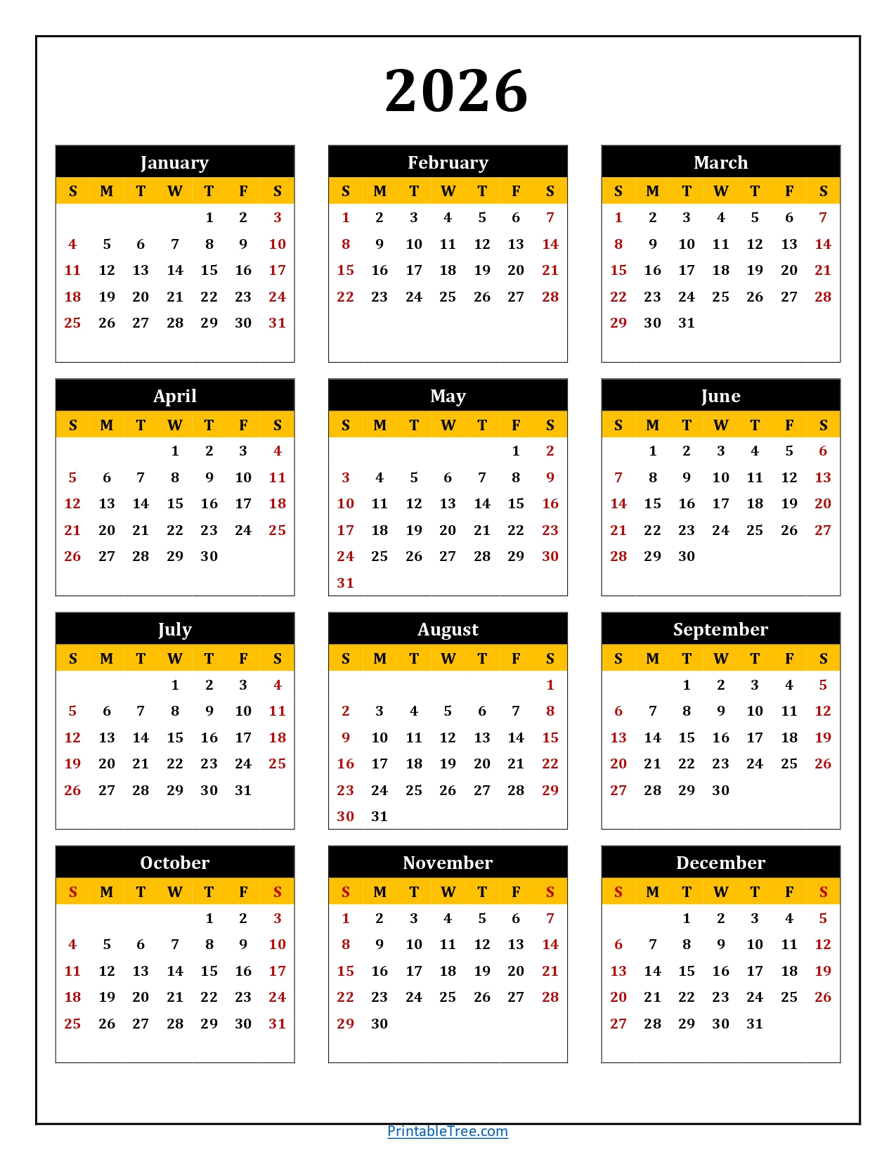 Printable Calendar 2026 One Page With Holidays (Single Page) 2026 with regard to Year 2026 Calendar