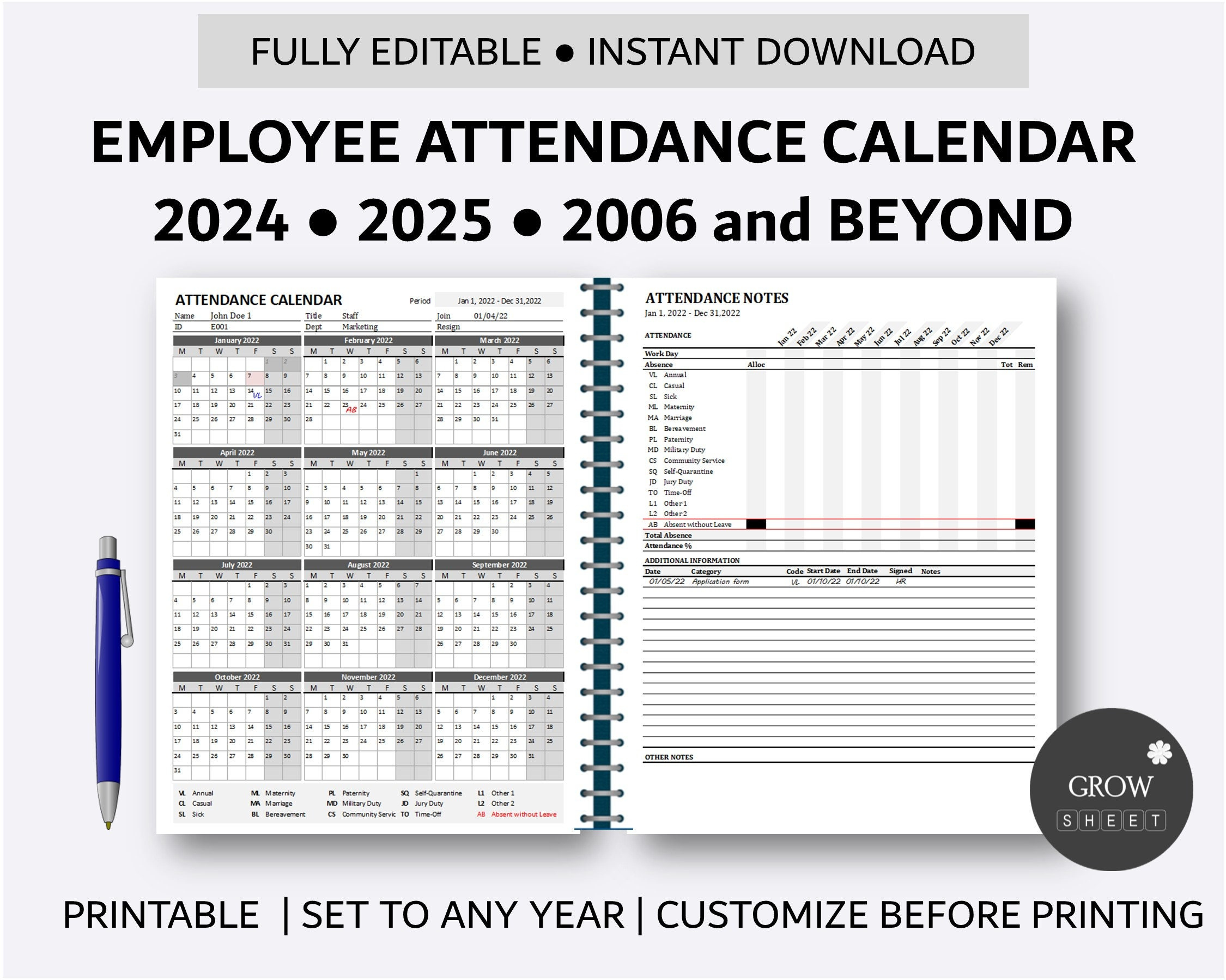 Printable Employee Attendance Calendar | Custom Attendance in 2026 Employee Attendance Calendar Printable