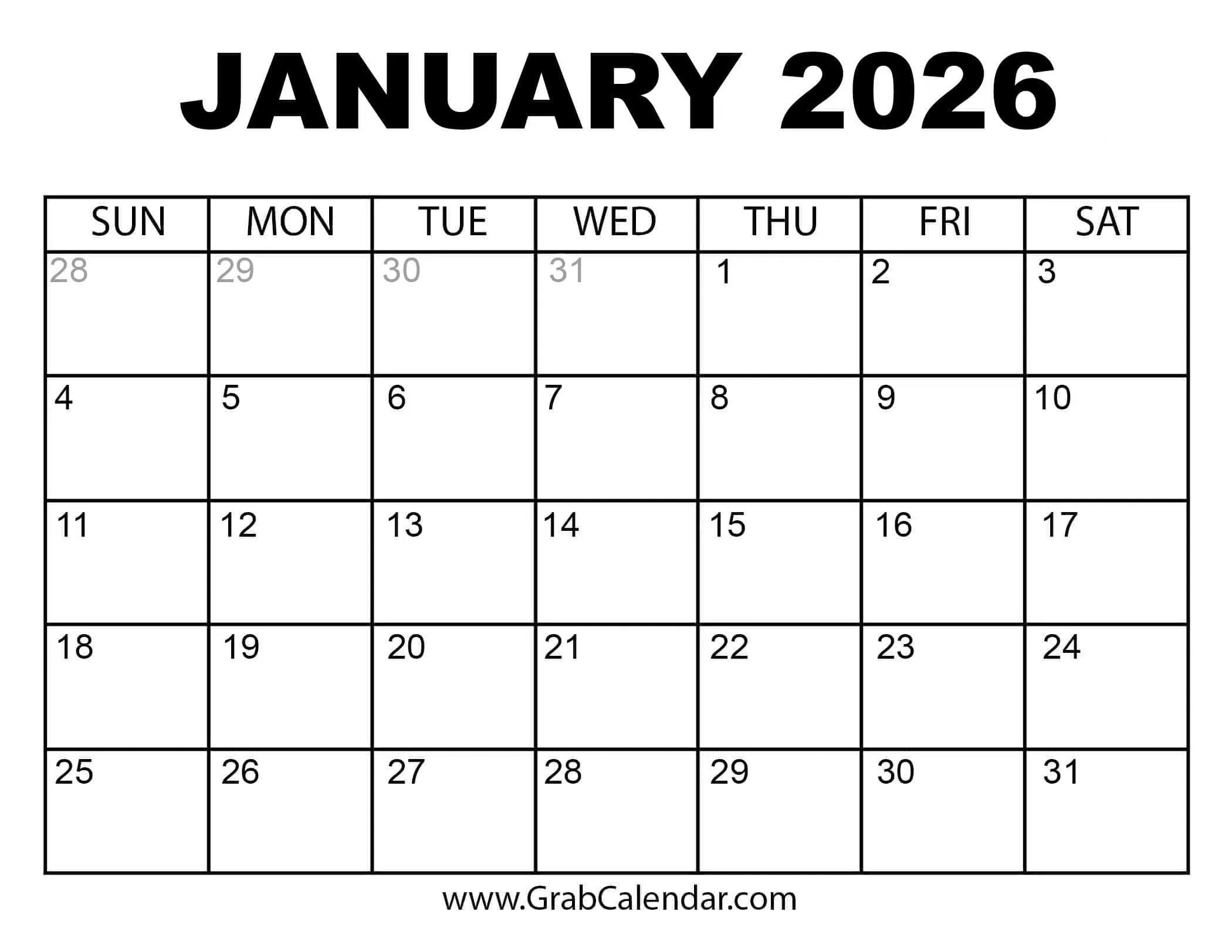 Printable January 2026 Calendar for Calendar Printable January 2026