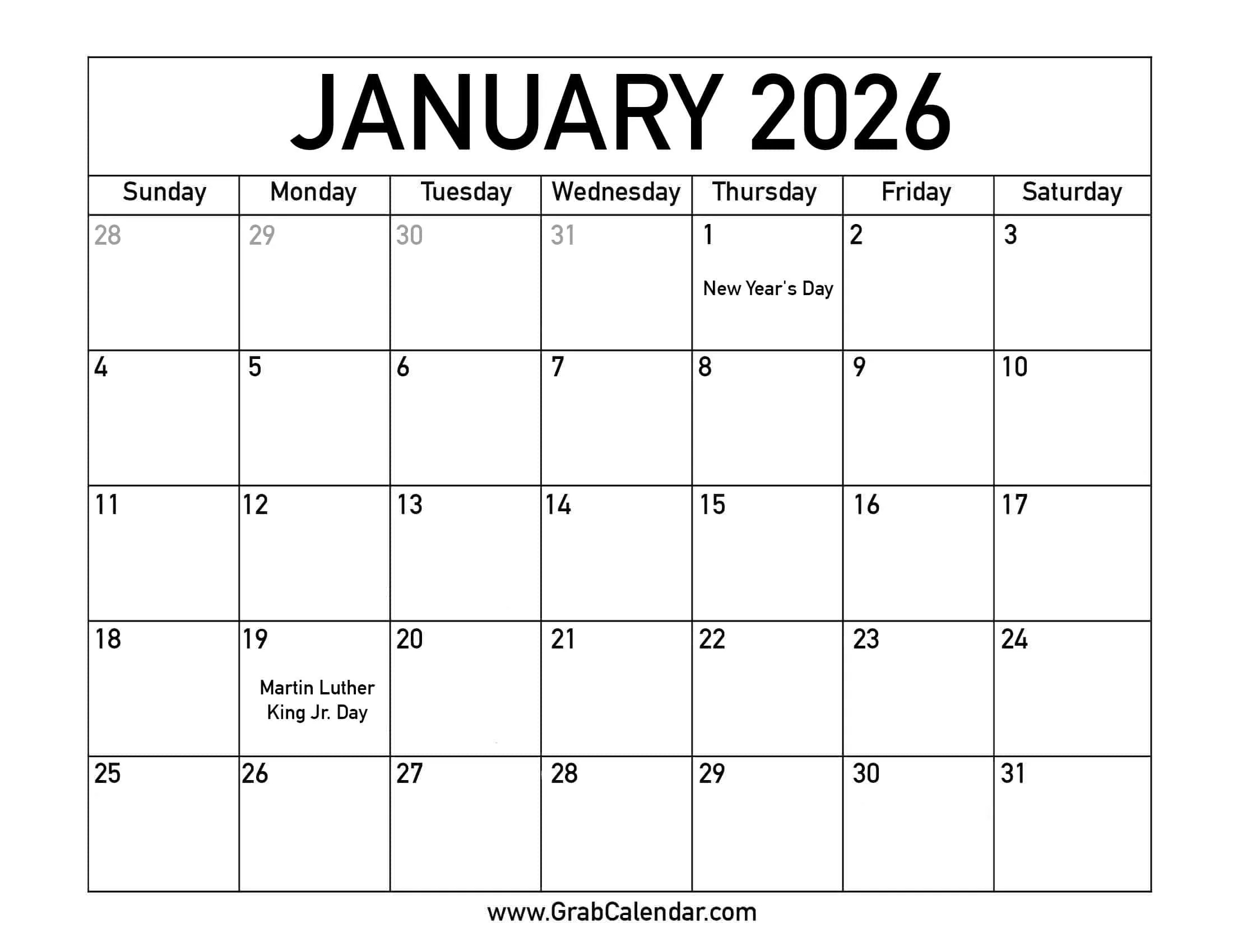 Printable January 2026 Calendar pertaining to January 2026 Printable Calendar with Holidays