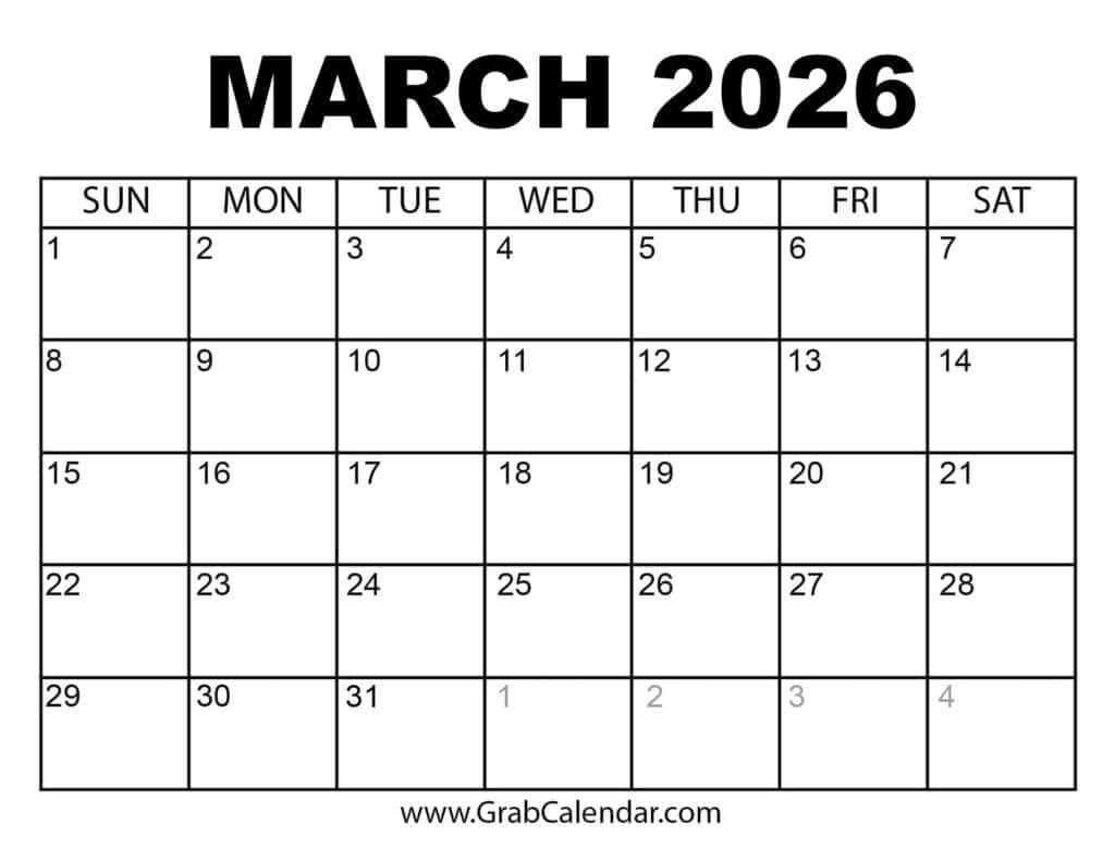 Printable March 2026 Calendar pertaining to Printable Calendar January February March 2026