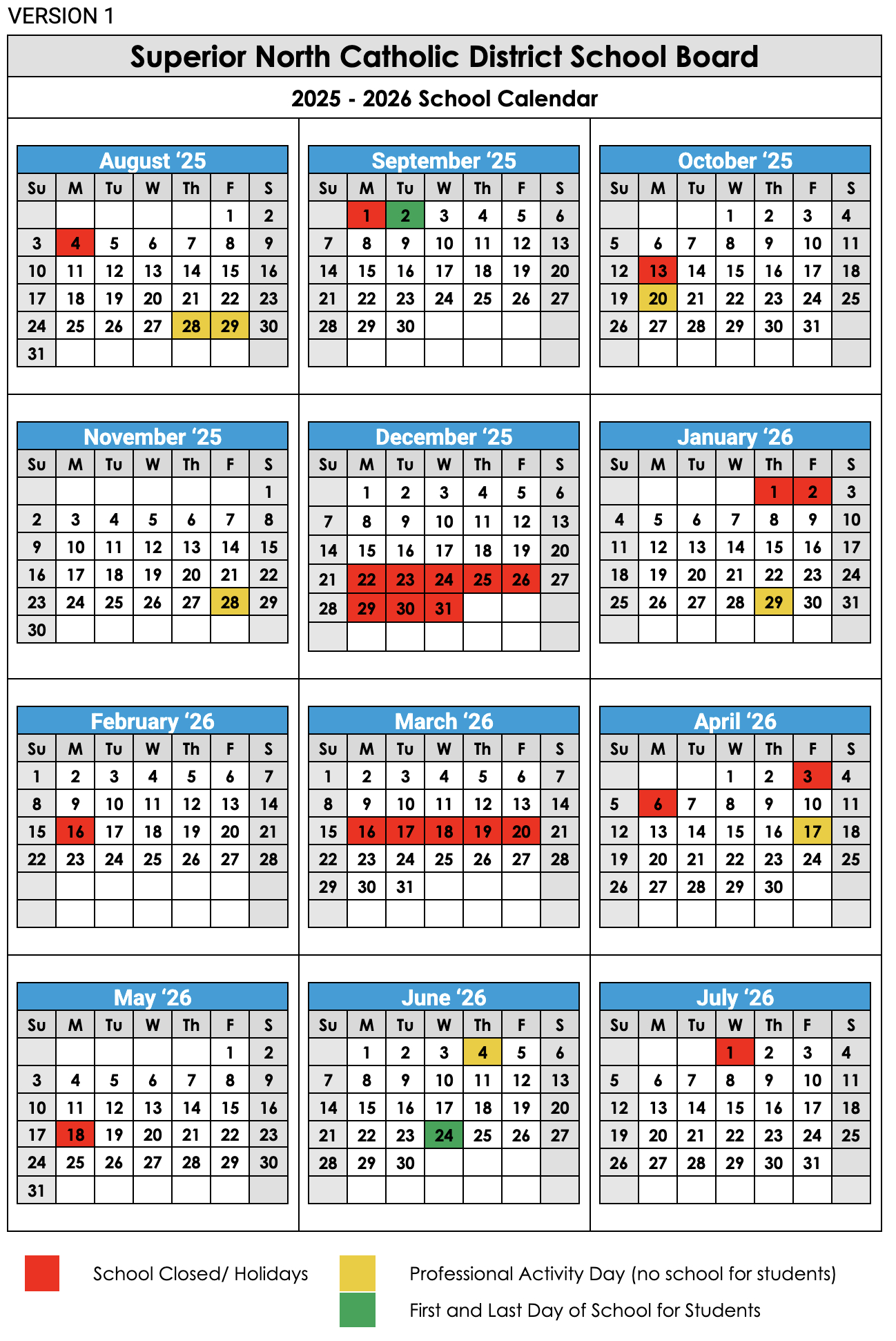 Proposed 2025-2026 School Year Calendar - Superior North Catholic intended for Catholic School Board Calendar 2026