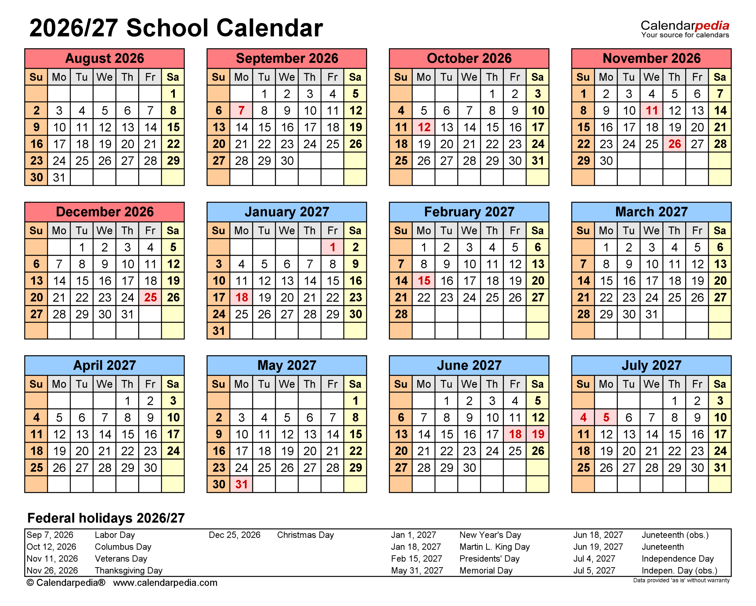 School Calendars 2026/2027 - Free Printable Pdf Templates throughout K12 Calendar 2026 - 2027