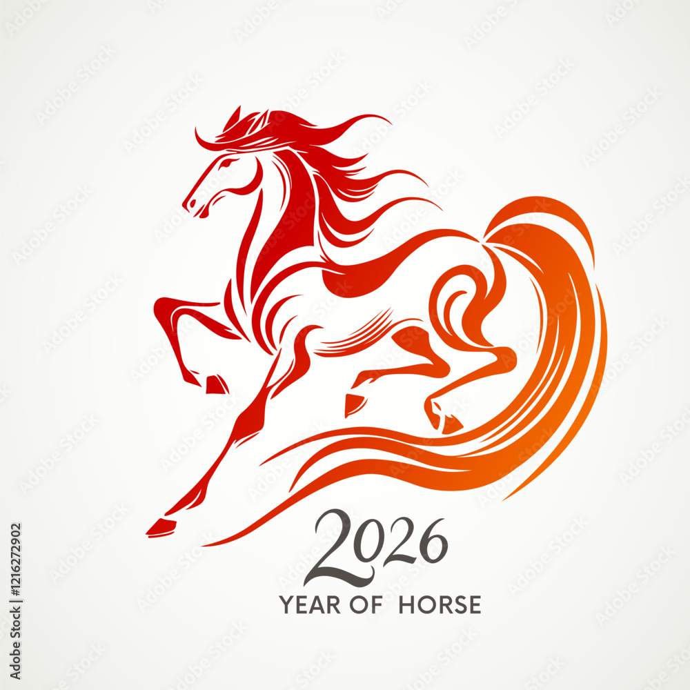 Stock-Vektorgrafik „Running Red Fire Horse Symbol Of New Year 2026 intended for Chinese Calendar 2026 Horse